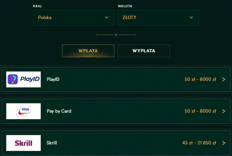 Wpłaty w PLN w casino Casinia Casino Casinia – kasa dla Polski w złotych: PlayID, Pay by Card i Skrill z limitami wpłat
